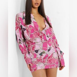 Boohoo Pink Print Plunge Dress - NWT - Us12